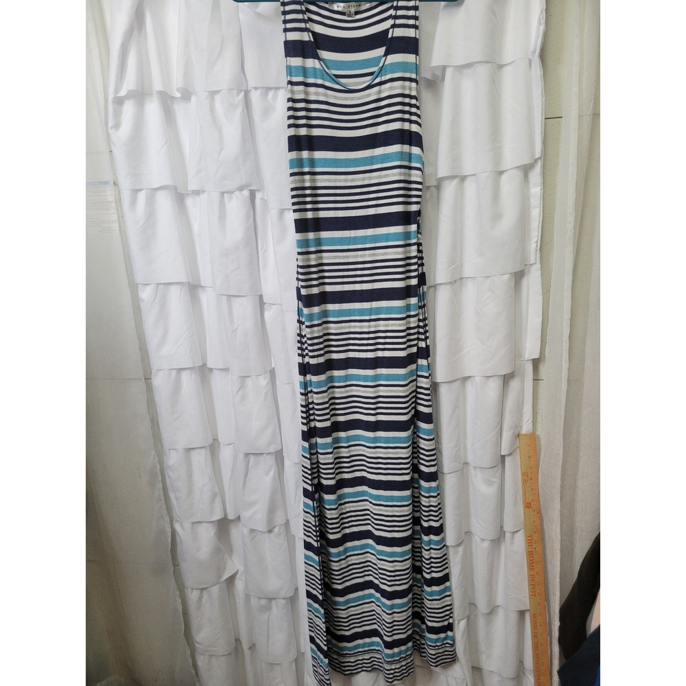 Max Studio Navy Blue Turquoise Striped Sleeveless Maxi Dress Small Nautical 1816